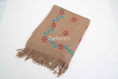 100% Handmade Pure Pashmina Woolen hand embroidered Shawl for women in Camel Brown Color