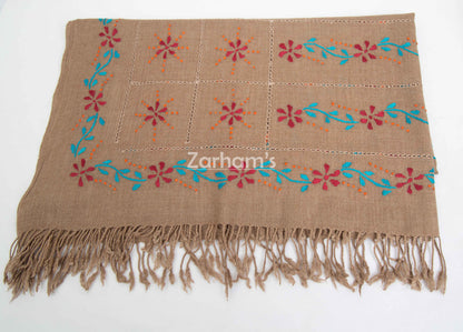 100% Handmade Pure Pashmina Woolen hand embroidered Shawl for women in Camel Brown Color