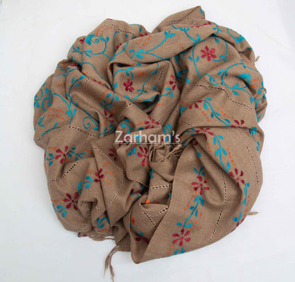 100% Handmade Pure Pashmina Woolen hand embroidered Shawl for women in Camel Brown Color