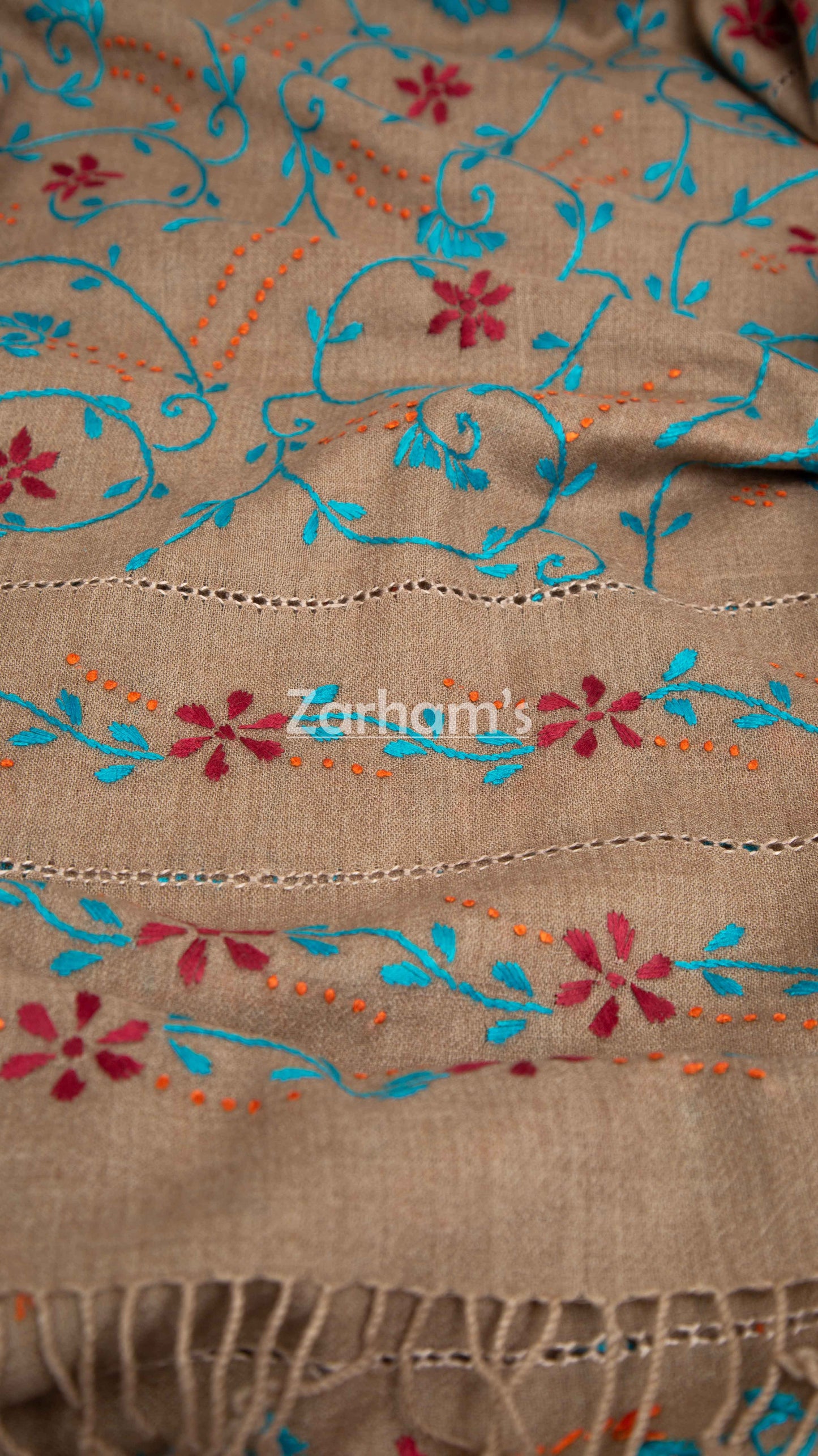 100% Handmade Pure Pashmina Woolen hand embroidered Shawl for women in Camel Brown Color