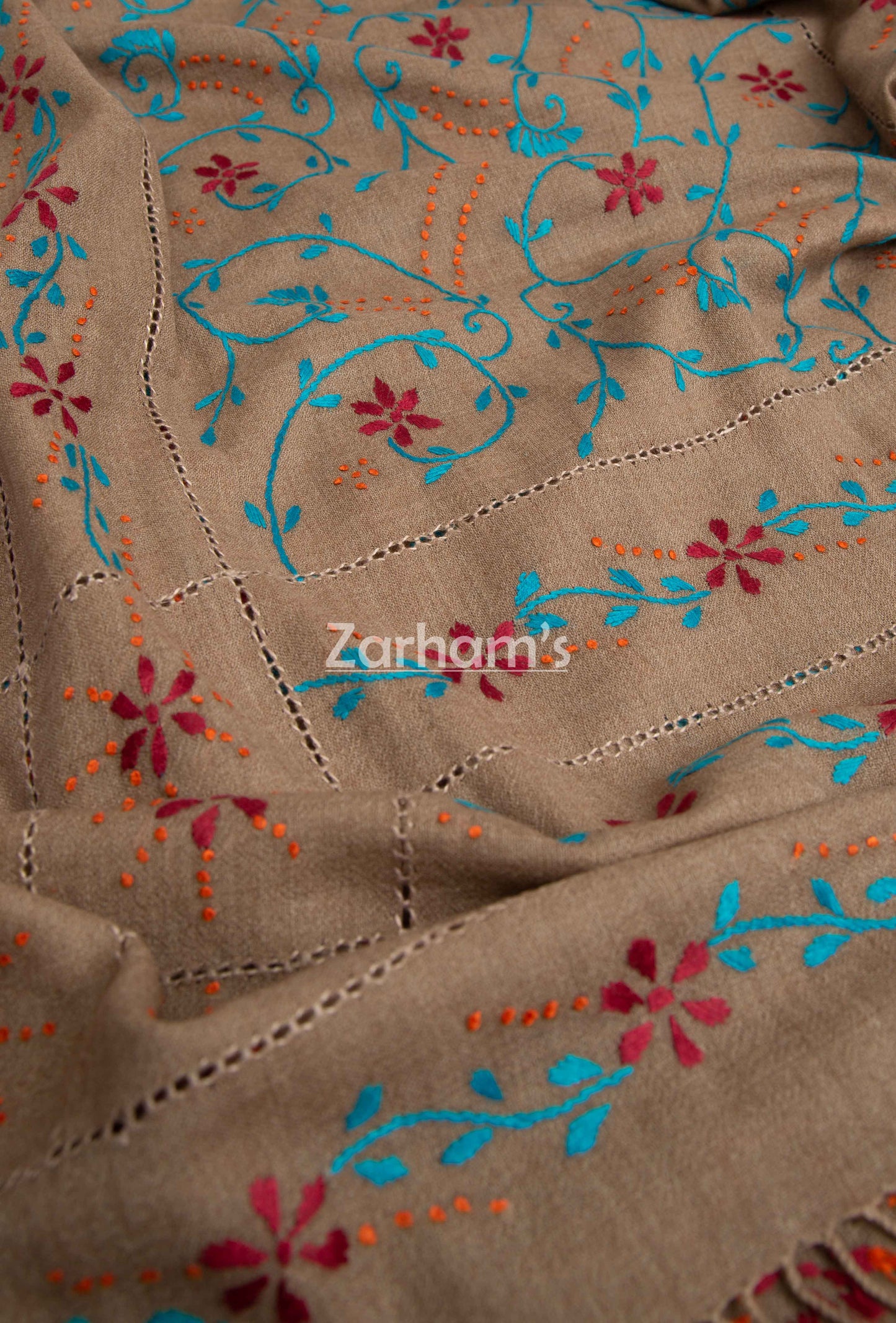 100% Handmade Pure Pashmina Woolen hand embroidered Shawl for women in Camel Brown Color