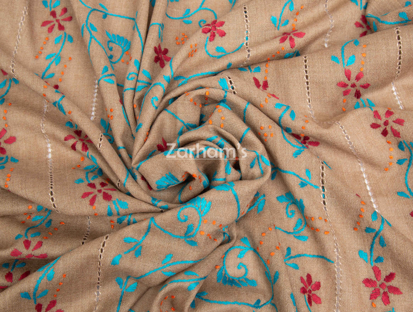 100% Handmade Pure Pashmina Woolen hand embroidered Shawl for women in Camel Brown Color