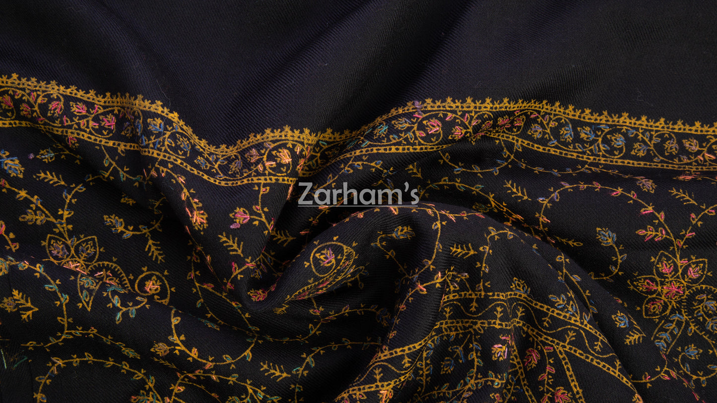 Handmade Cashmere Pashmina Black shawl hand printed and embroided