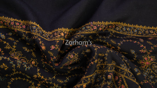 Handmade Cashmere Pashmina Black shawl hand printed and embroided