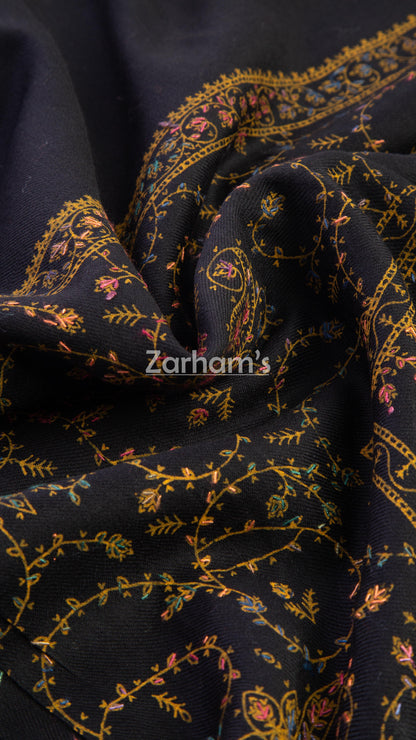 Handmade Cashmere Pashmina Black shawl hand printed and embroided