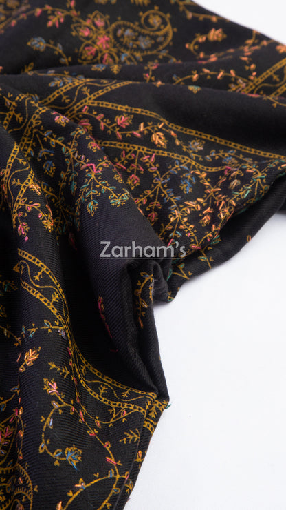 Handmade Cashmere Pashmina Black shawl hand printed and embroided