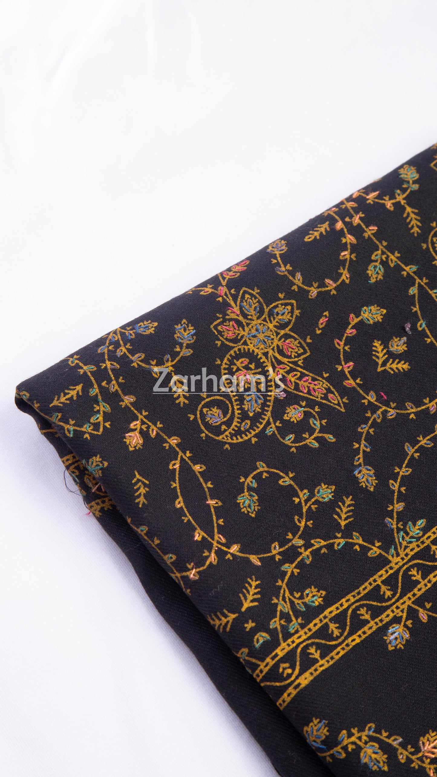 Handmade Cashmere Pashmina Black shawl hand printed and embroided