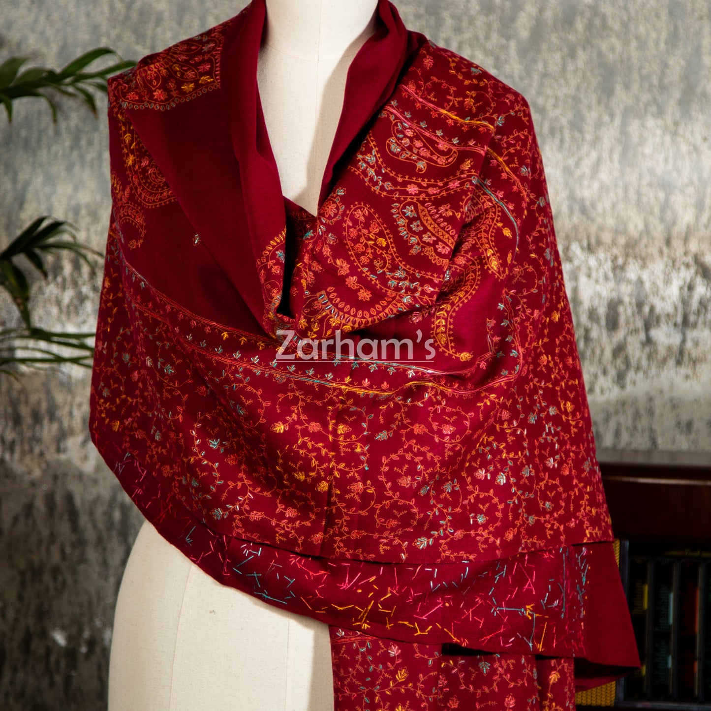 Handmade Pashmina shawl hand printed and embroidered