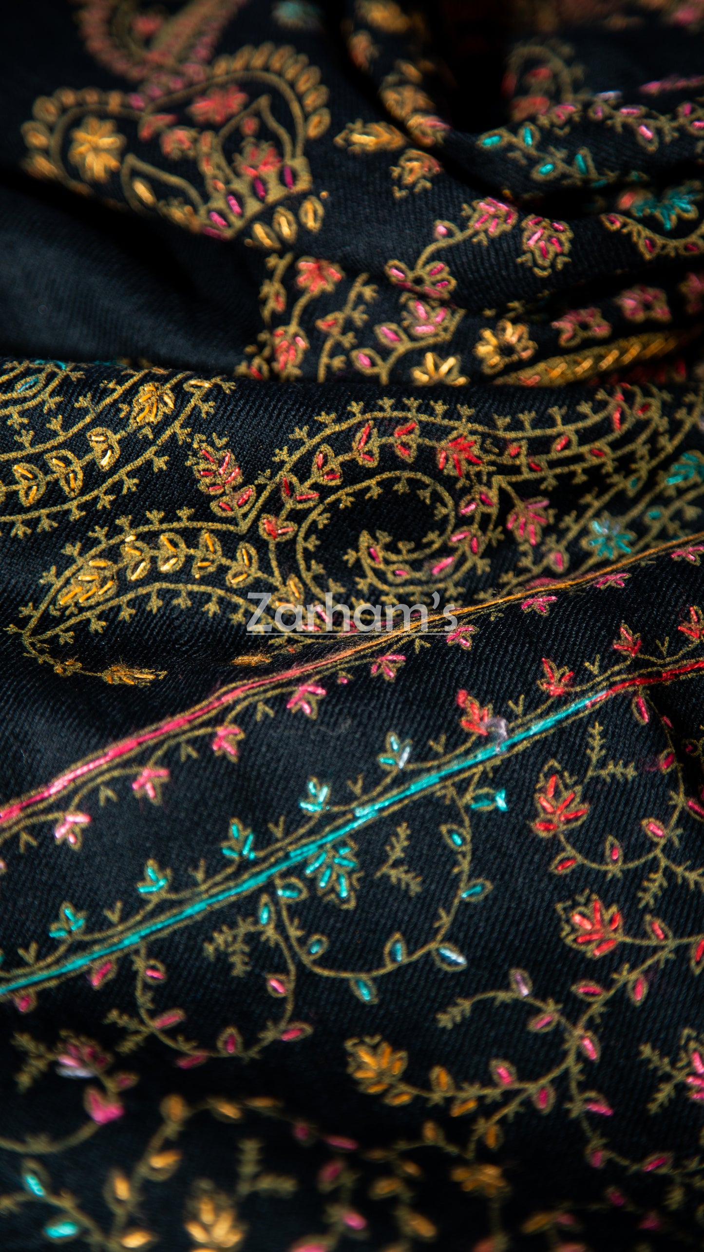 Handmade Pashmina shawl hand printed and embroidered