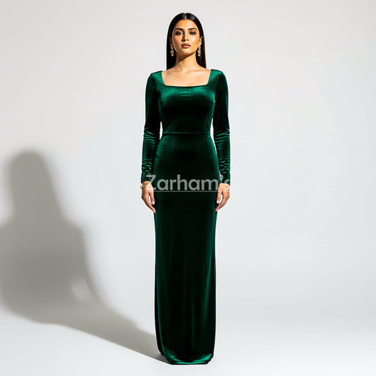 Handmade Emerald Green Velvet Long Dress