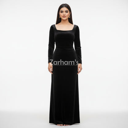 Handmade Midnight Black Velvet Long Dress