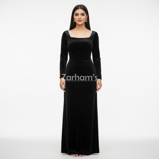 Handmade Midnight Black Velvet Long Dress