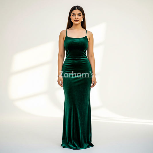 Handmade Emerald Green Velvet Long Dress
