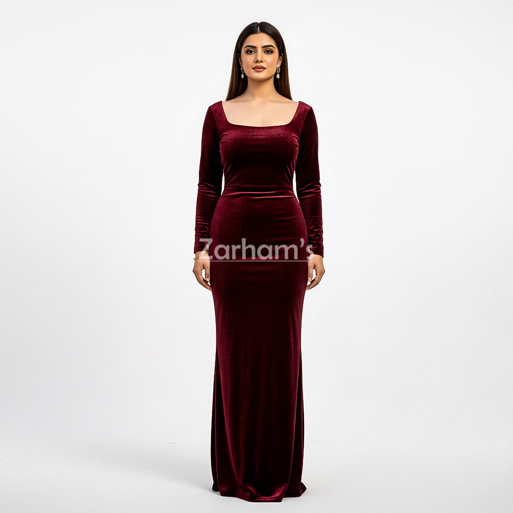Handmade Maroon Velvet Long Dress
