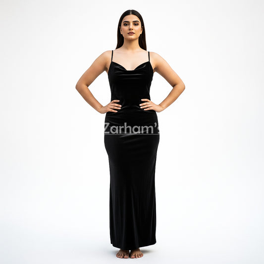 Handmade Midnight Black Velvet Long Dress