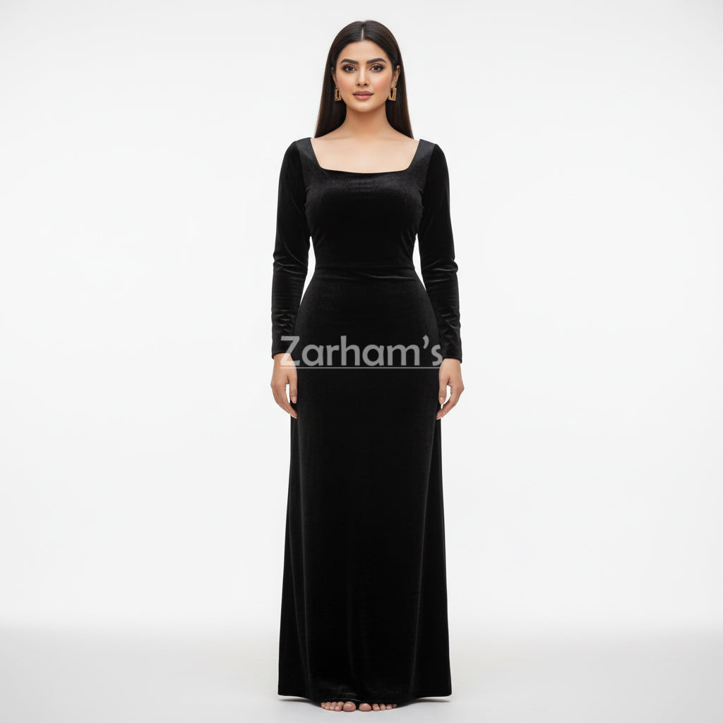 Handmade Midnight Black Velvet Long Dress