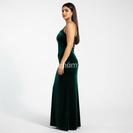 Handmade Emerald Green Velvet Long Dress