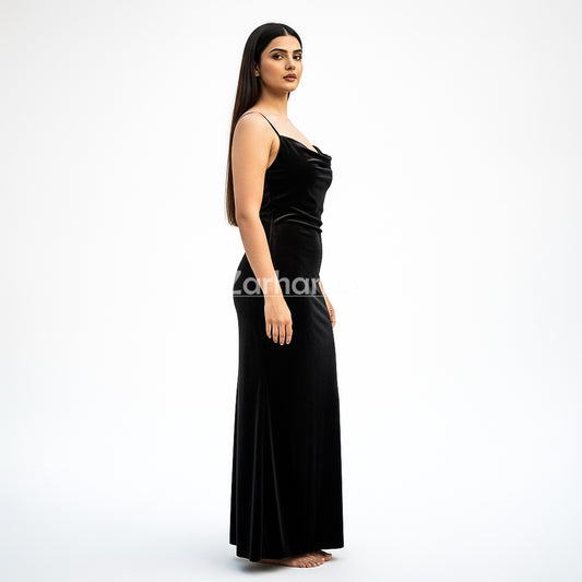 Handmade Midnight Black Velvet Long Dress