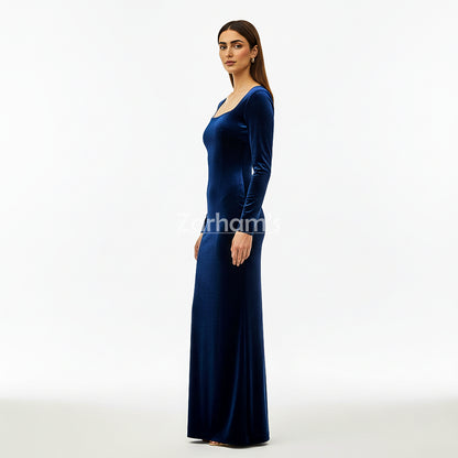 Midnight Blue Velvet Long Dress