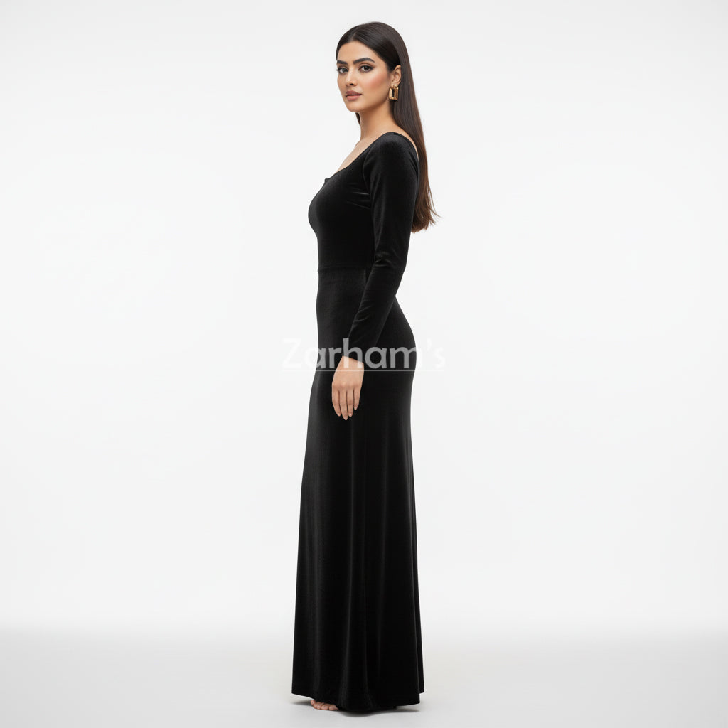 Handmade Midnight Black Velvet Long Dress