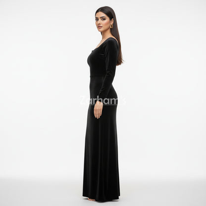 Handmade Midnight Black Velvet Long Dress