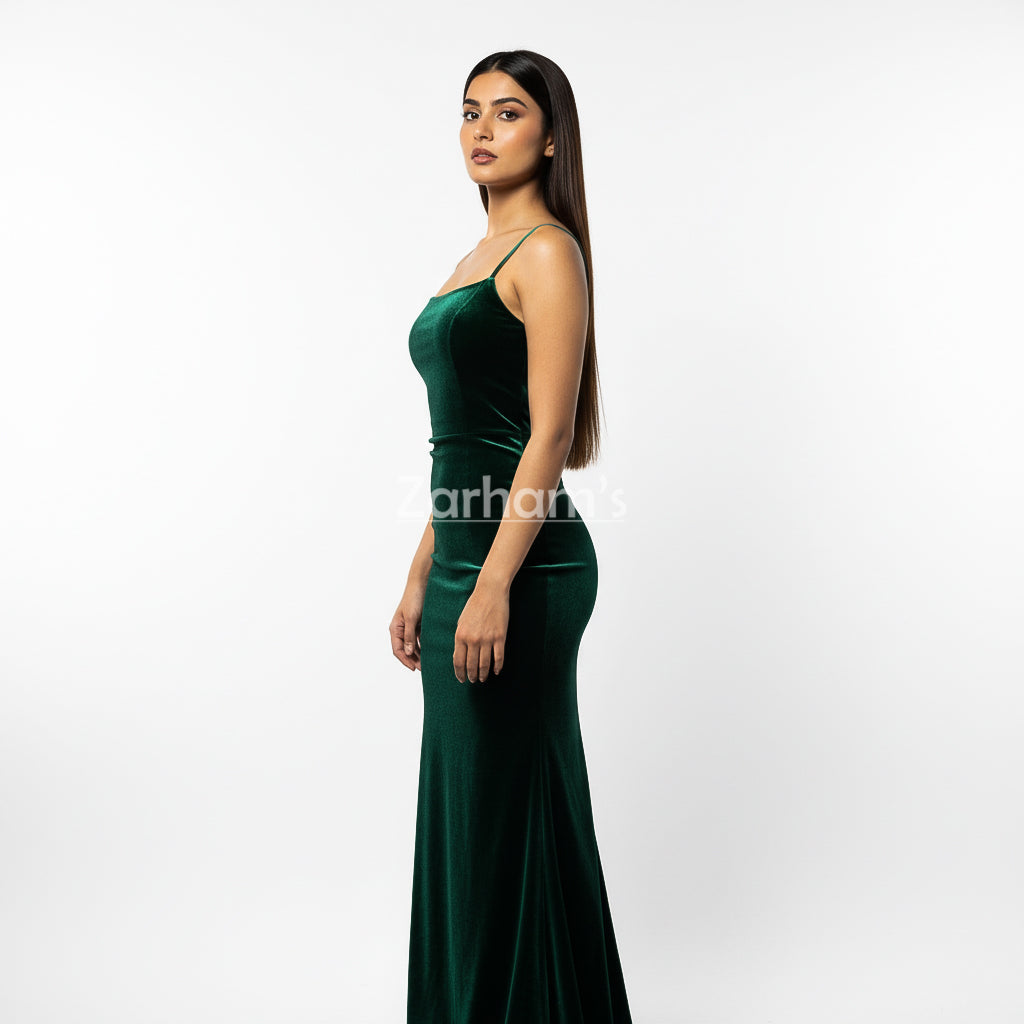 Handmade Emerald Green Velvet Long Dress