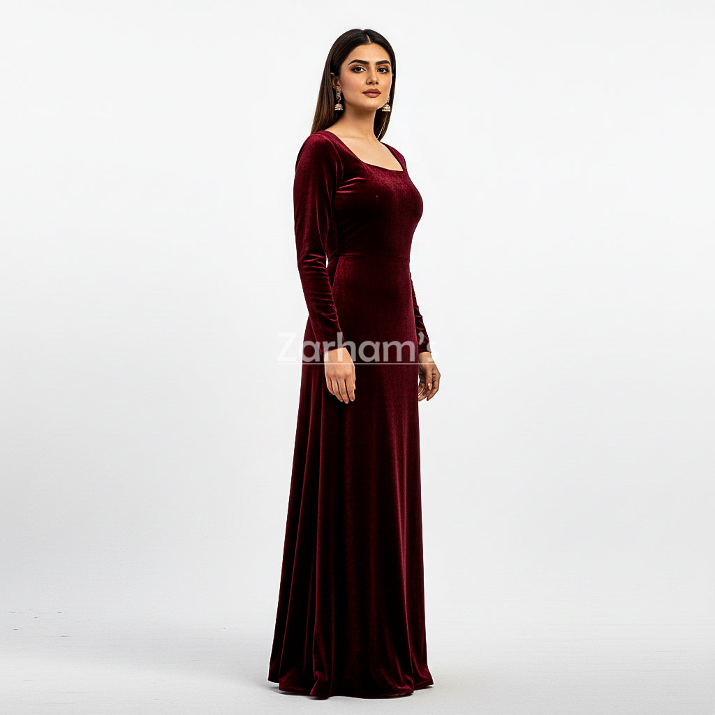 Handmade Maroon Velvet Long Dress