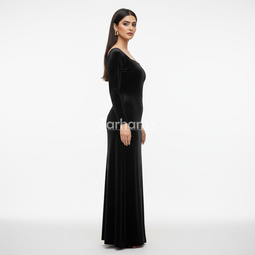Handmade Midnight Black Velvet Long Dress