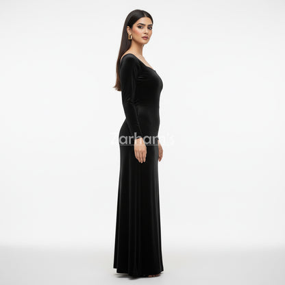 Handmade Midnight Black Velvet Long Dress
