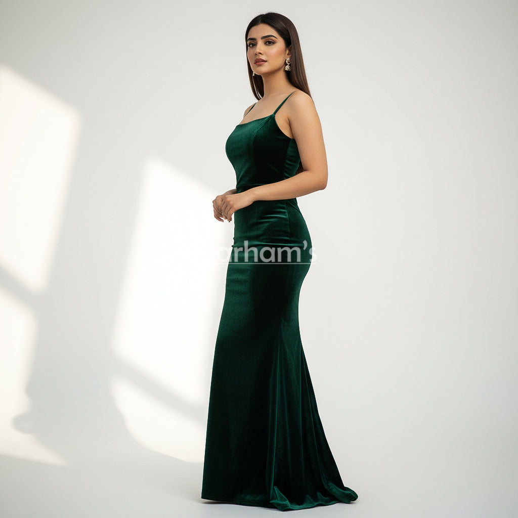 Handmade Emerald Green Velvet Long Dress