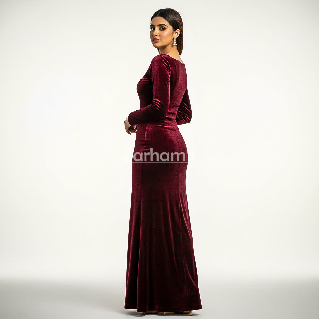 Handmade Maroon Velvet Long Dress