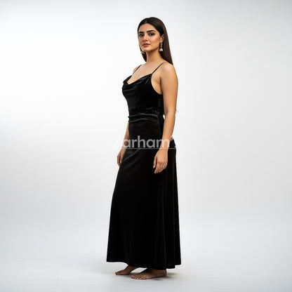 Handmade Midnight Black Velvet Long Dress