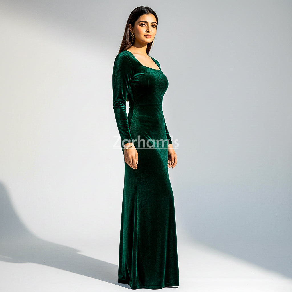 Handmade Emerald Green Velvet Long Dress