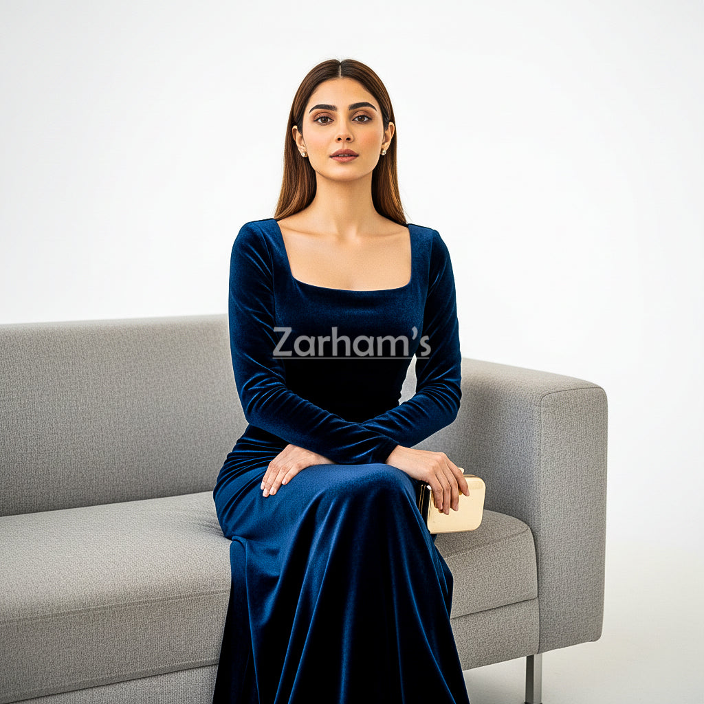 Midnight Blue Velvet Long Dress