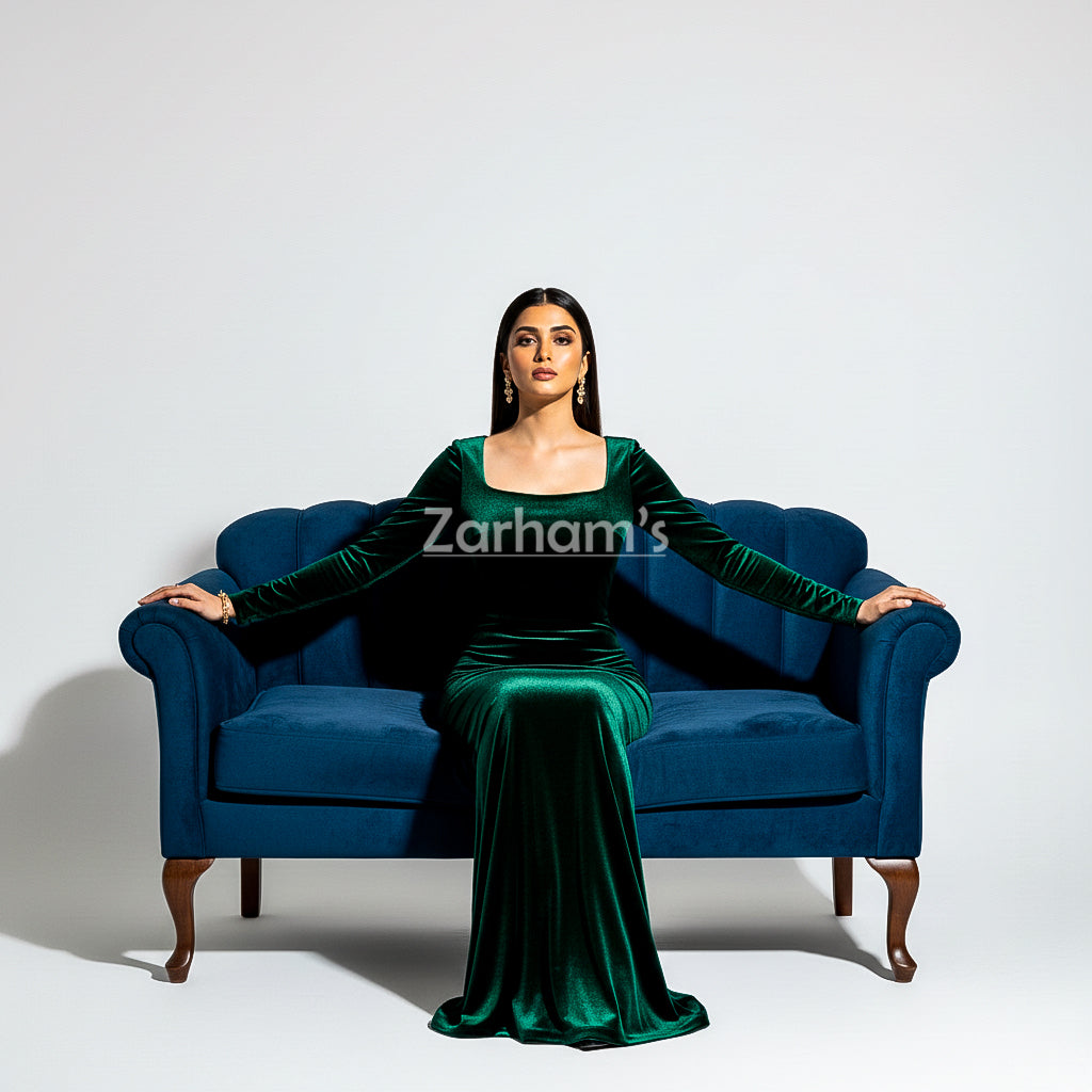 Handmade Emerald Green Velvet Long Dress