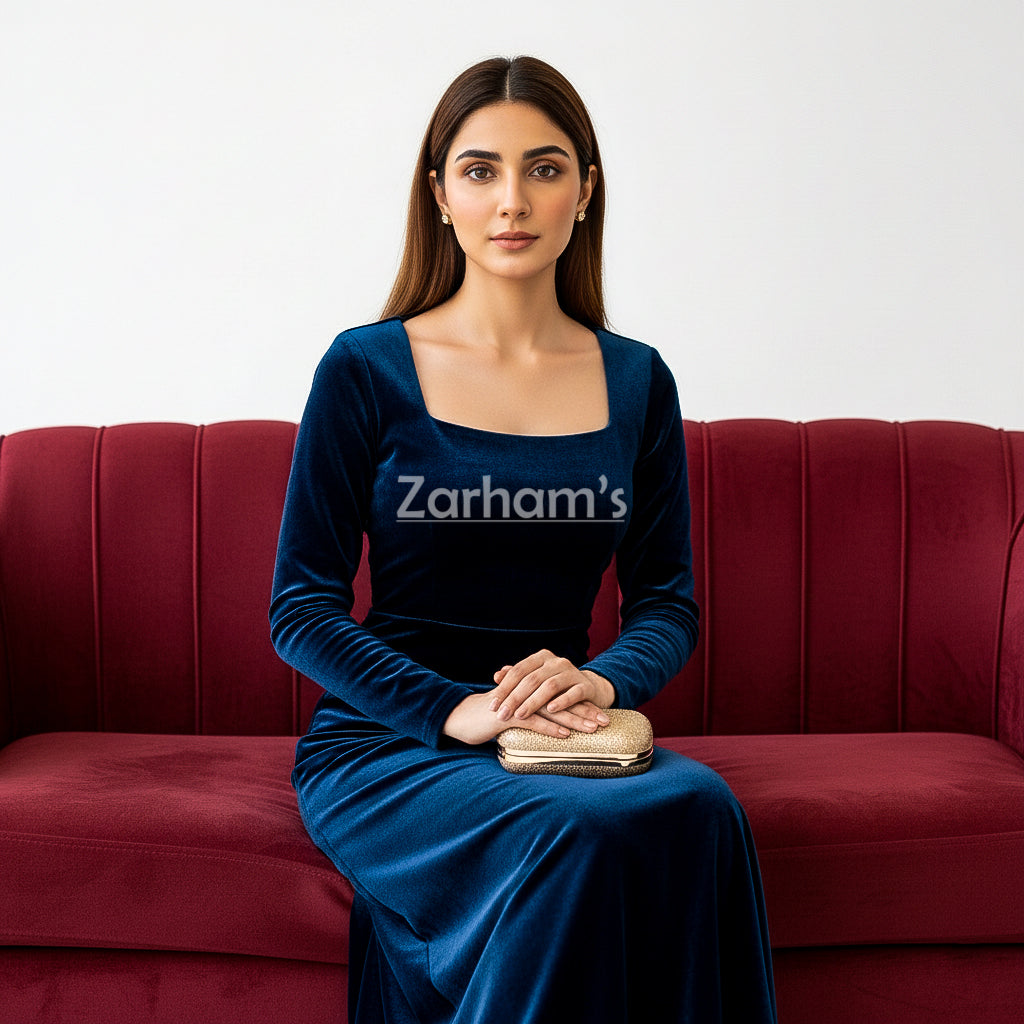 Midnight Blue Velvet Long Dress