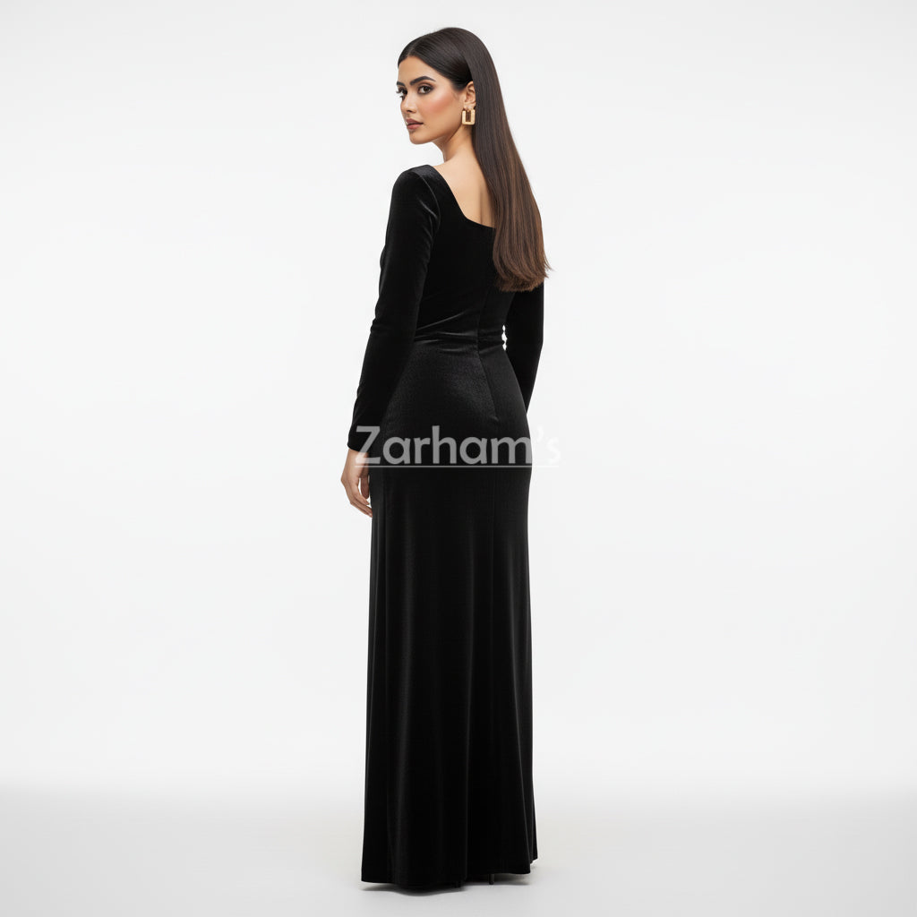 Handmade Midnight Black Velvet Long Dress