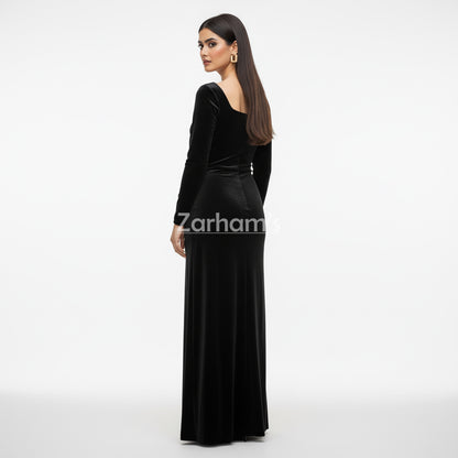 Handmade Midnight Black Velvet Long Dress