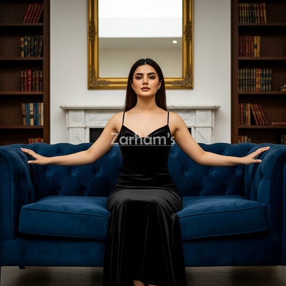 Handmade Midnight Black Velvet Long Dress
