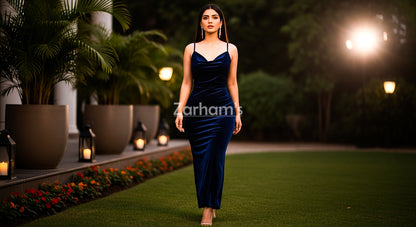 Midnight Blue Velvet Long Dress
