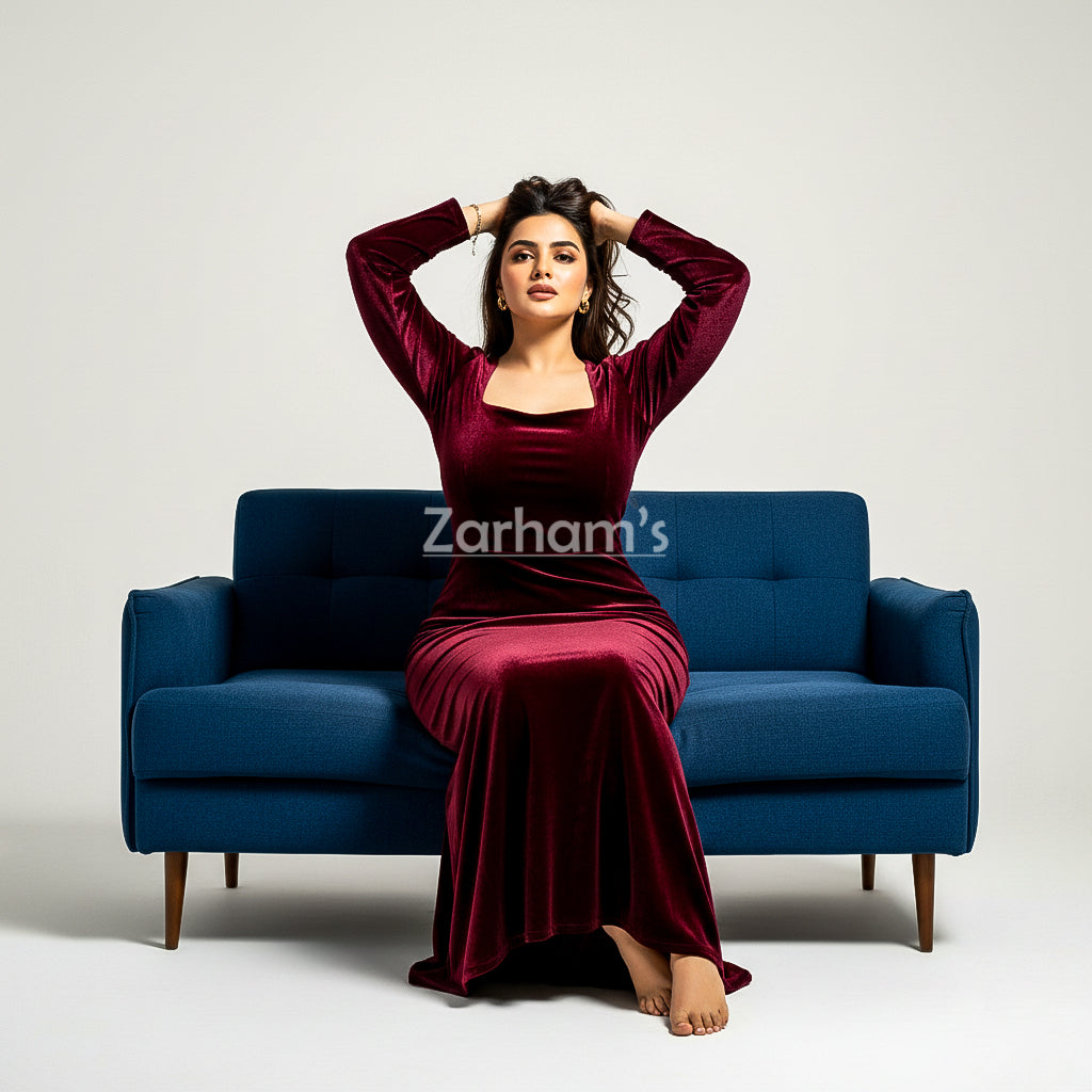 Handmade Maroon Velvet Long Dress