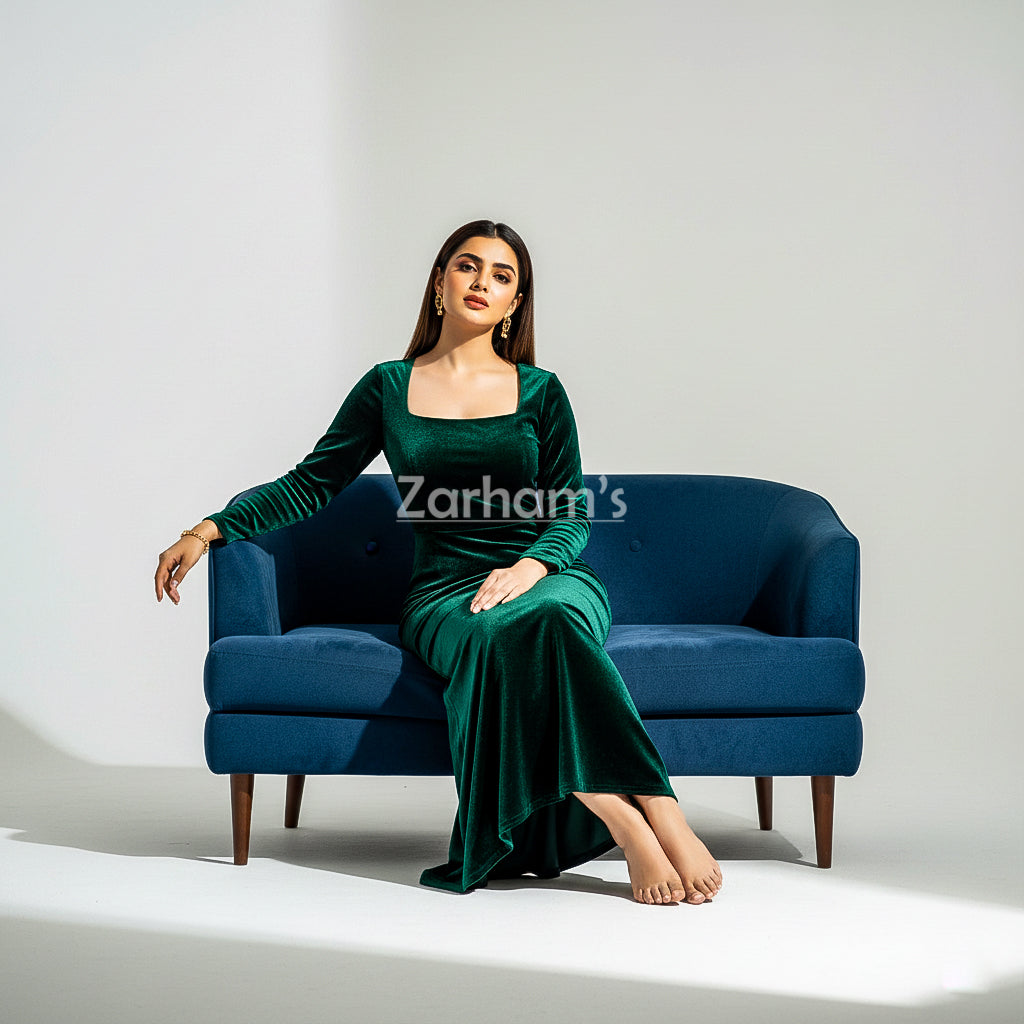 Handmade Emerald Green Velvet Long Dress