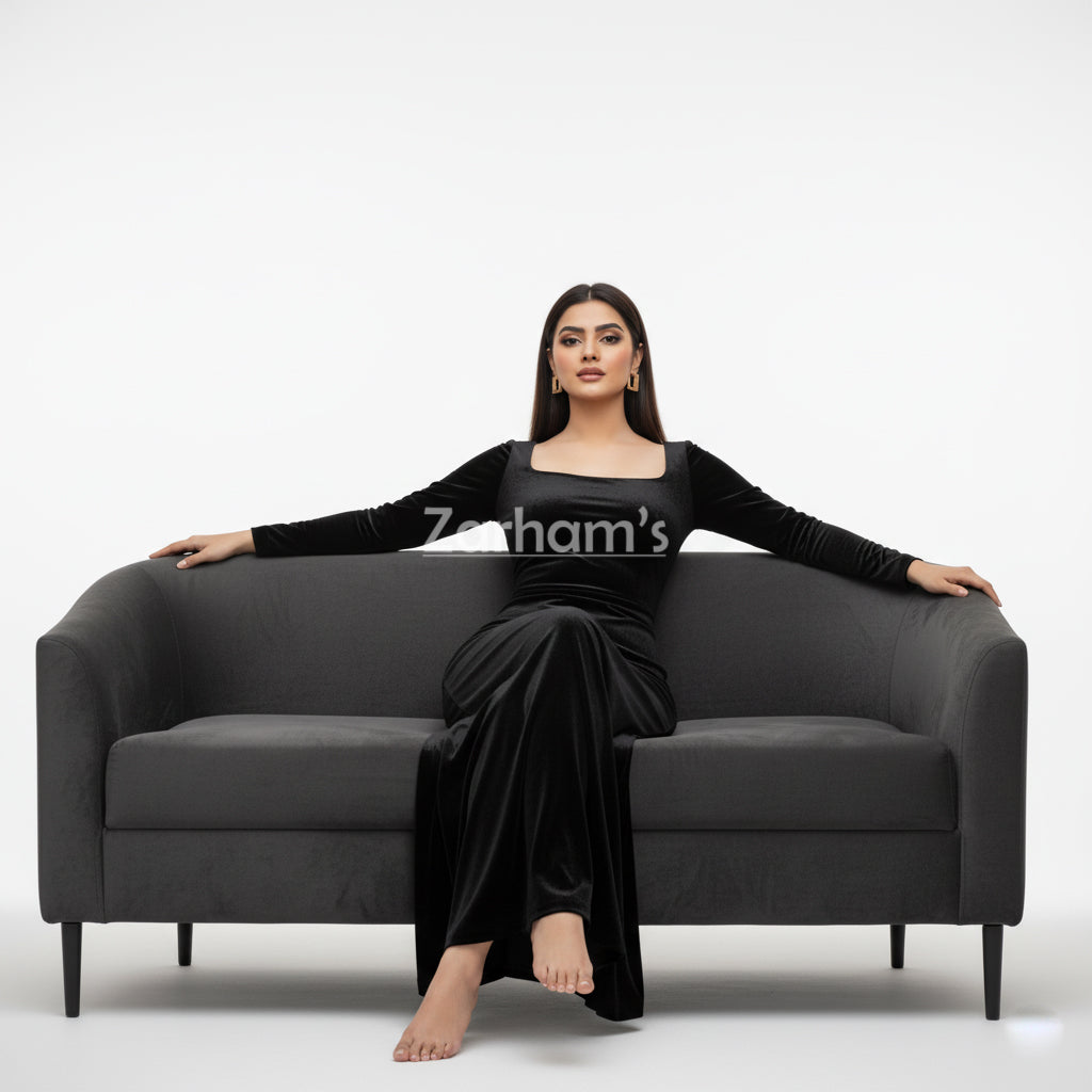 Handmade Midnight Black Velvet Long Dress