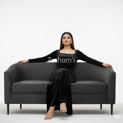 Handmade Midnight Black Velvet Long Dress