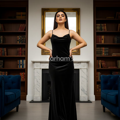 Handmade Midnight Black Velvet Long Dress