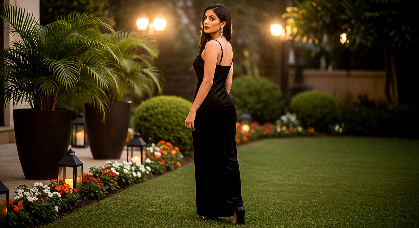 Handmade Midnight Black Velvet Long Dress