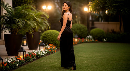 Handmade Midnight Black Velvet Long Dress