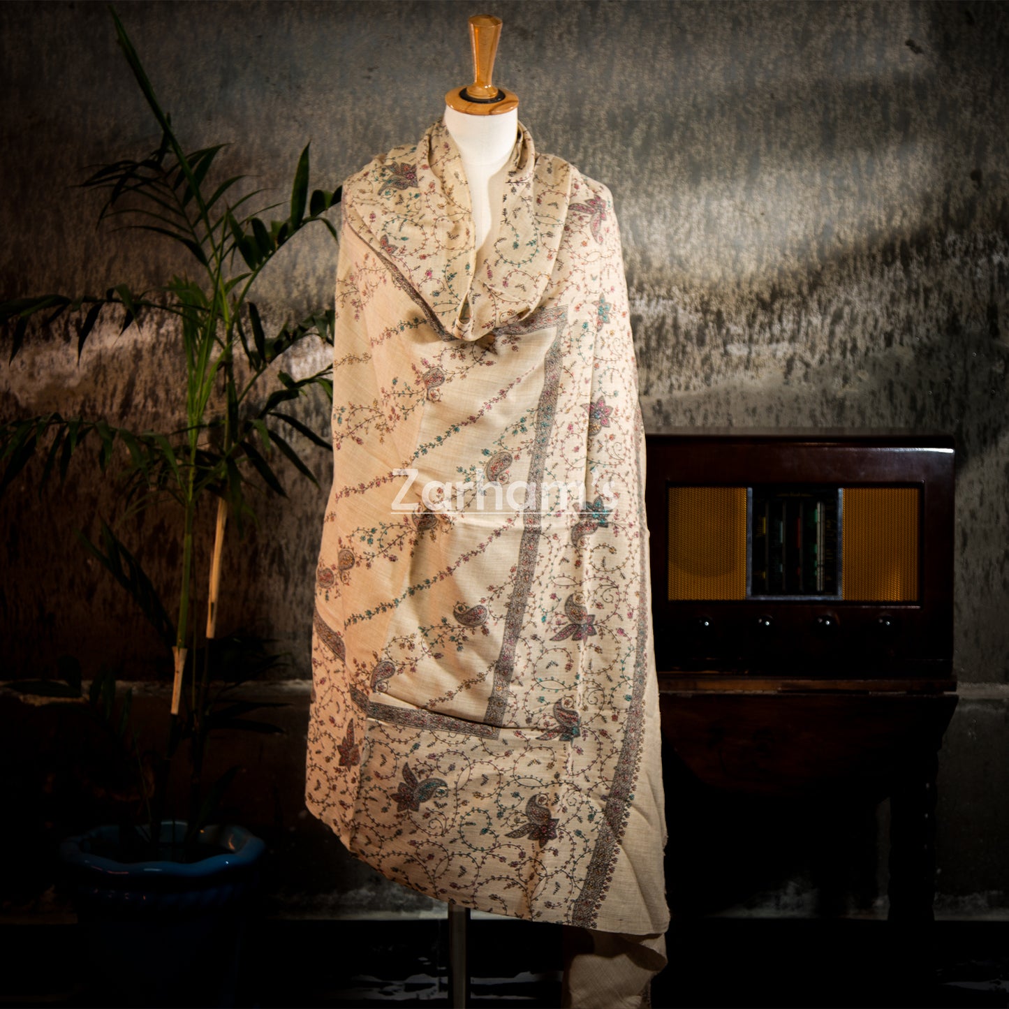 Handmade Cashmere Pashmina shawl hand printed and embroided