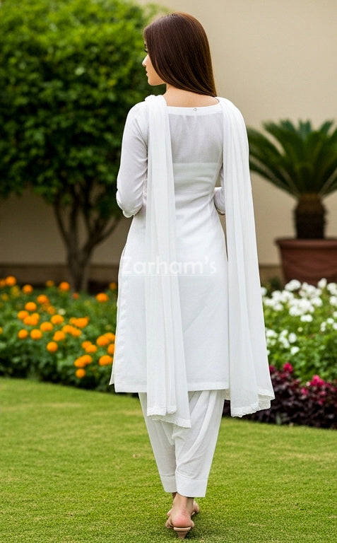 White Full Sleeve Cotton Kamiz Shalwar Suit