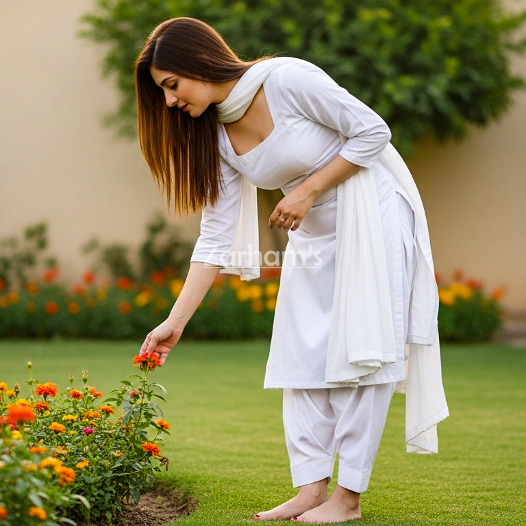 White Full Sleeve Cotton Kamiz Shalwar Suit